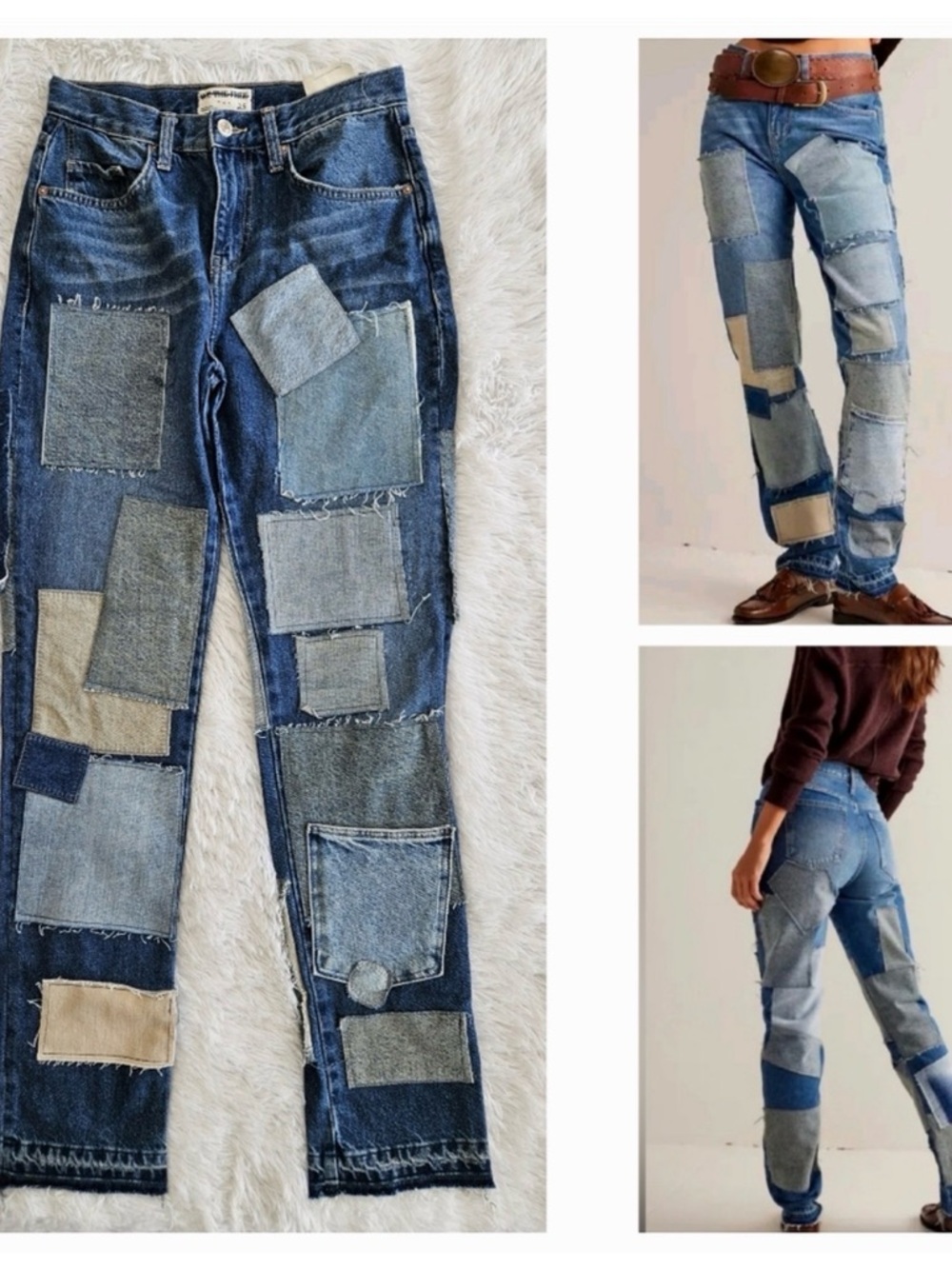 Free People Patchwork Straight Leg Jeans in Multi Blue Washes #329